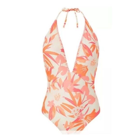 Accessorize One Piece Halter Swimsuit Orange Plunge Neck Floral US 6 UK 10 - Picture 1 of 7
